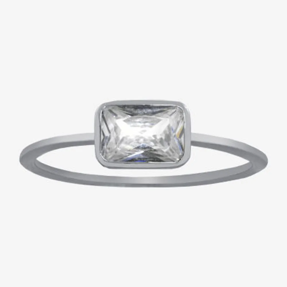 Silver Treasures Womens Cubic Zirconia Sterling Rectangular Delicate Band