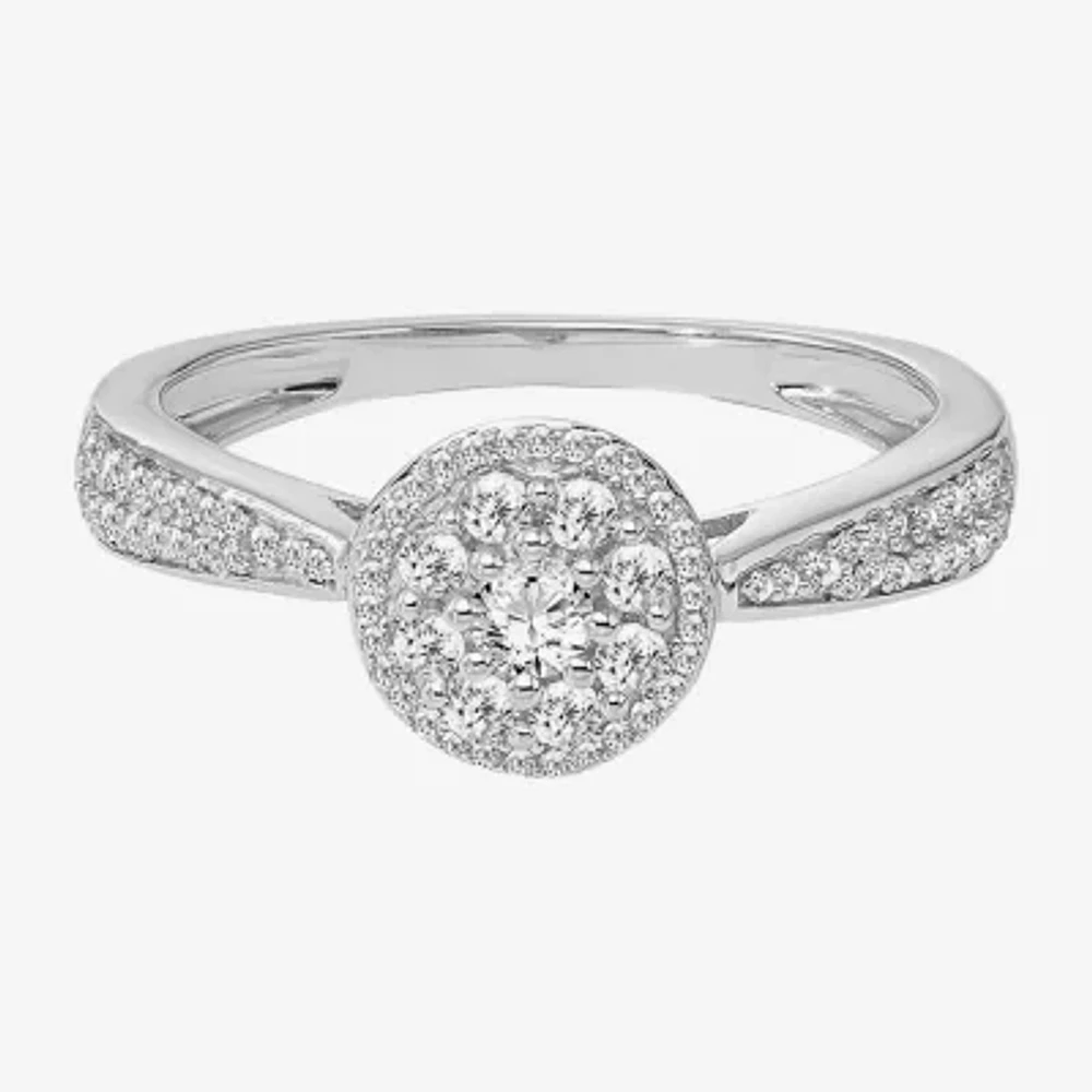 Womens 3/8 CT. Natural White Diamond 10K Gold Round Side Stone Halo Engagement Ring