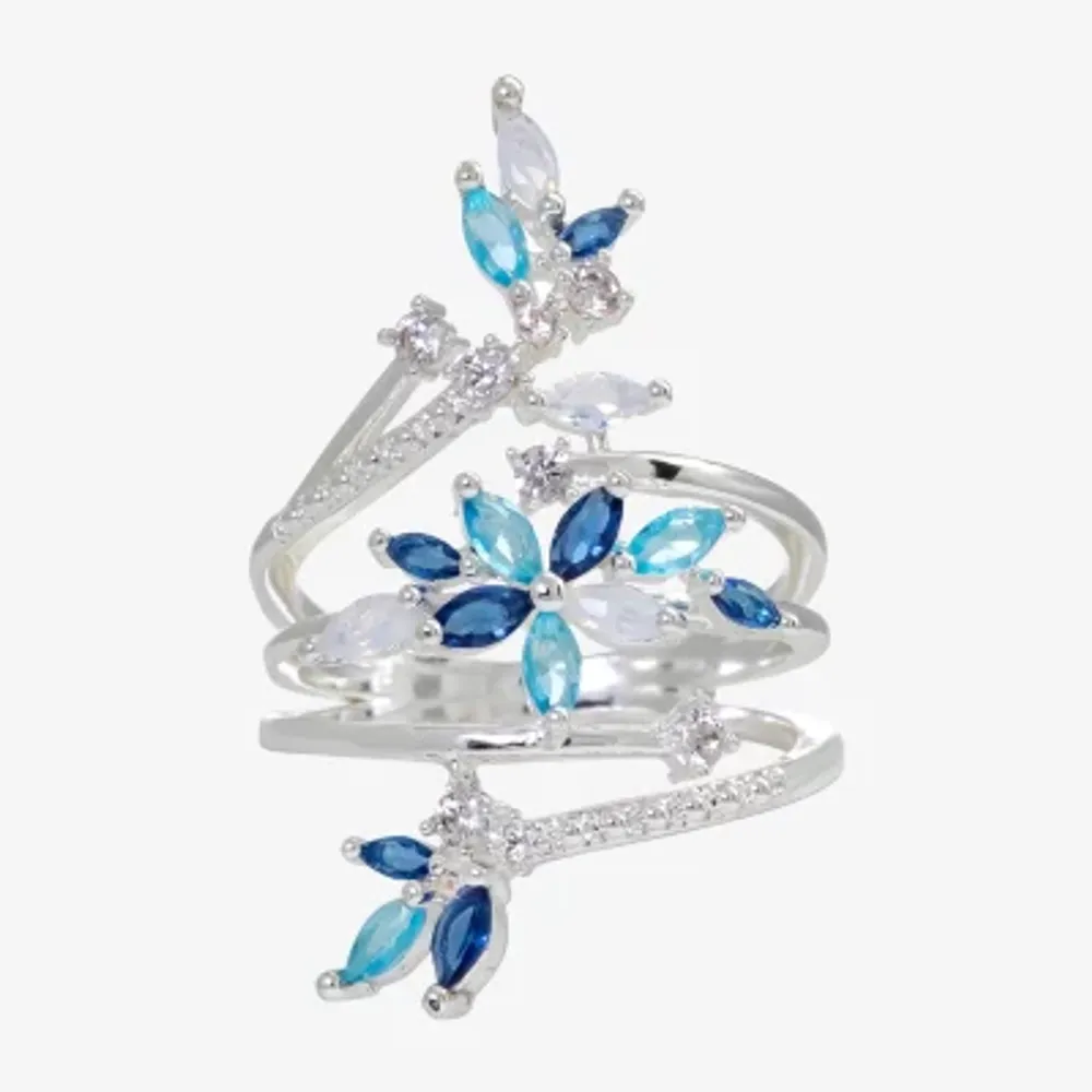 Sparkle Allure Womens Blue Crystal Pure Silver Over Brass Flower Cluster Cocktail Ring