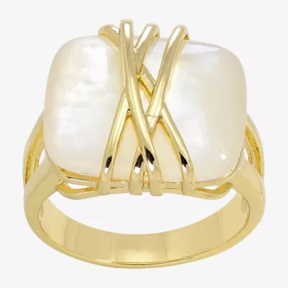 Sparkle Allure Womens White Simulated Pearl 14K Gold Over Brass Cocktail Ring