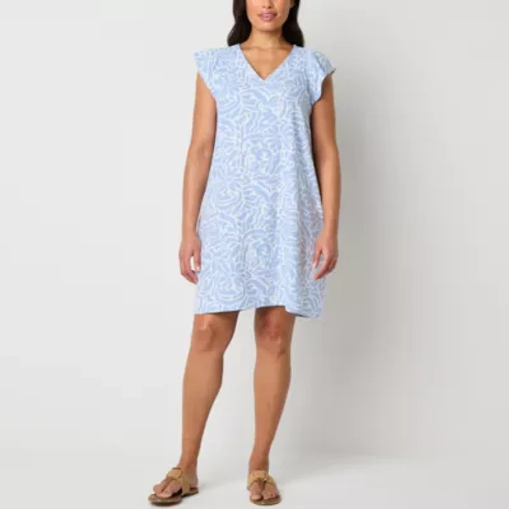 Liz Claiborne Womens Short Sleeve Midi Floral A-Line Dress