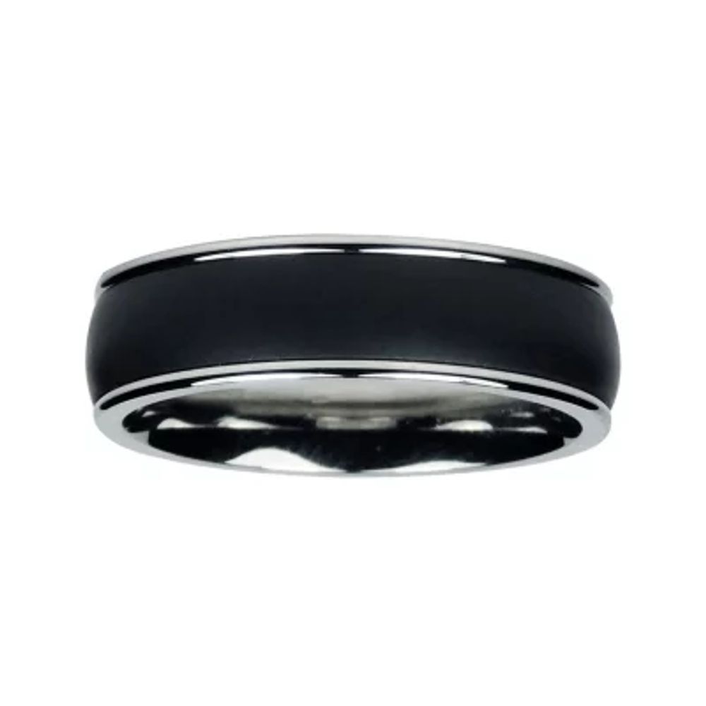 Mens 7mm Black Titanium and Stainless Steel Wedding Band