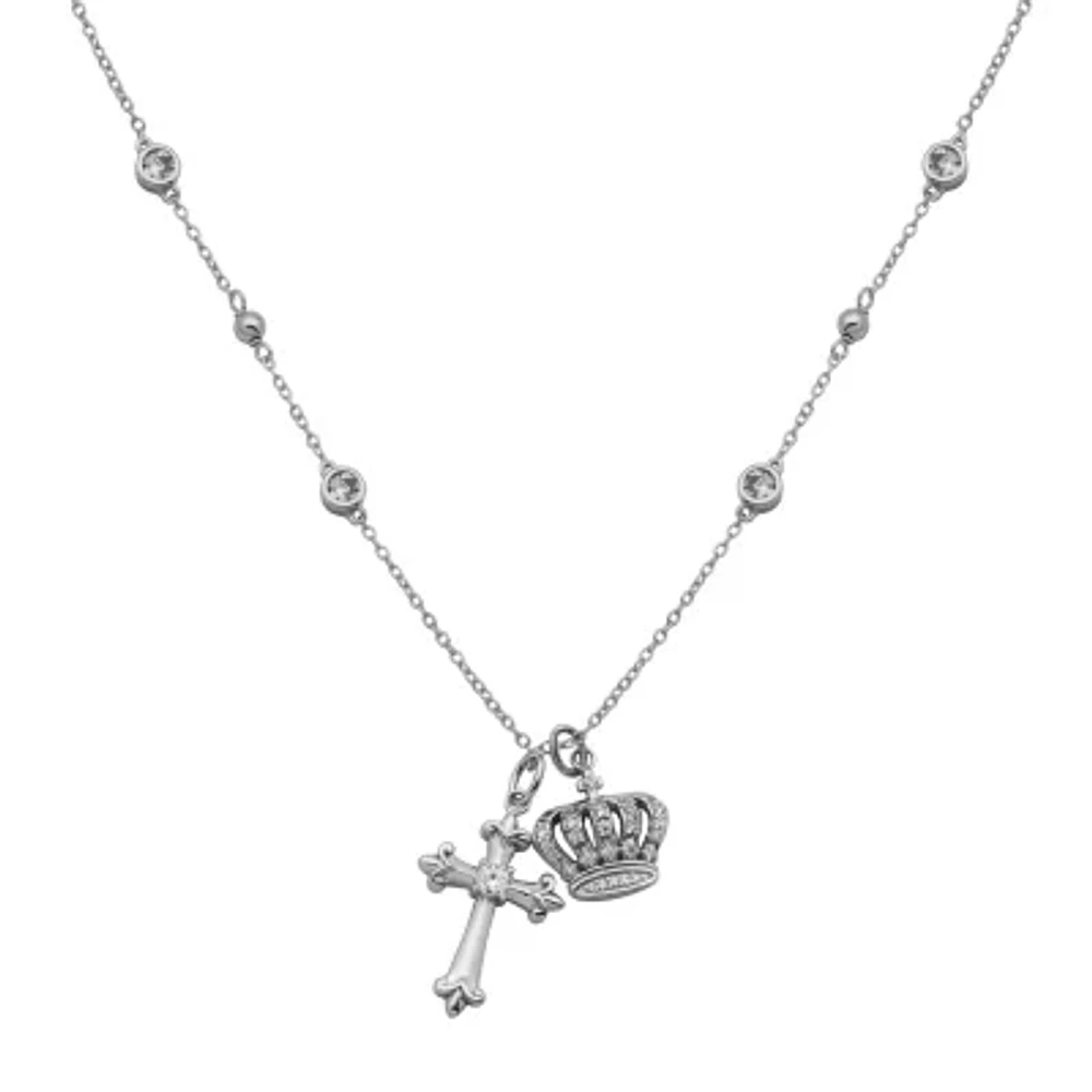Diamonart Womens White Cubic Zirconia Sterling Silver Cross Crown 16 1/2 Inch Pendant Necklace