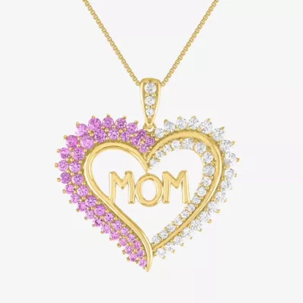 "Mom" Womens Lab Created Pink Sapphire 14K Gold Over Silver Heart 18 Inch Pendant Necklace