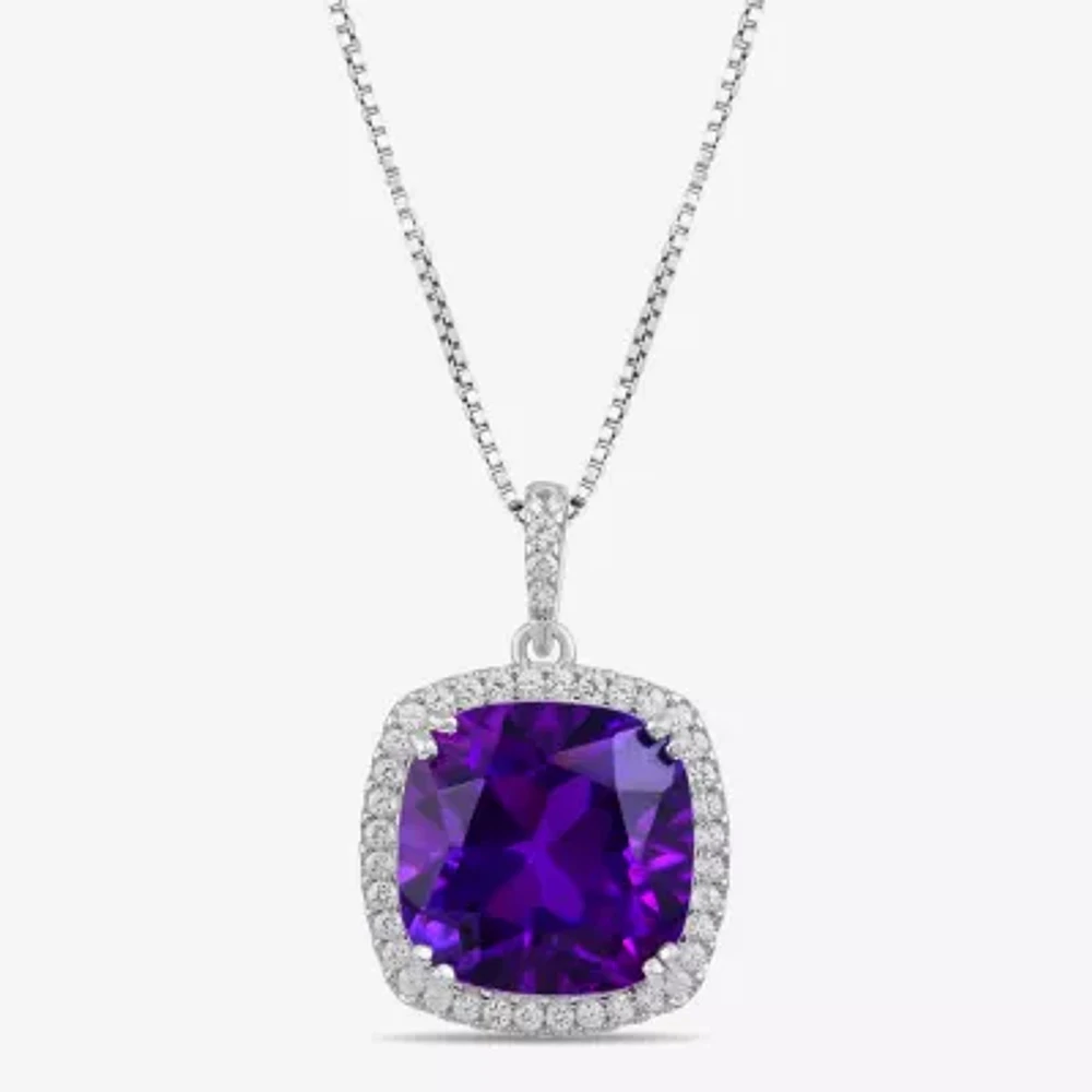Womens Lab Created Purple Amethyst Sterling Silver Cushion 18 Inch Pendant Necklace