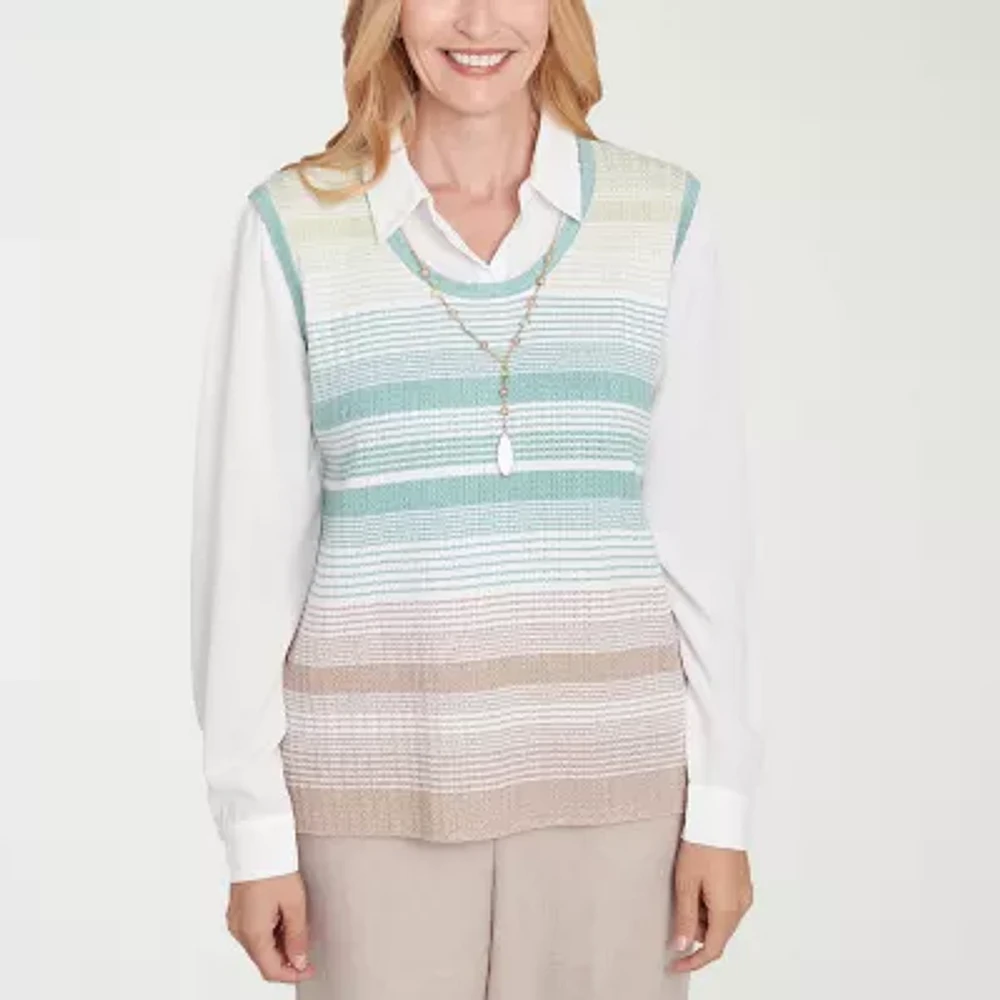 Alfred Dunner Kensington Garden Womens Long Sleeve Striped Layered Sweater