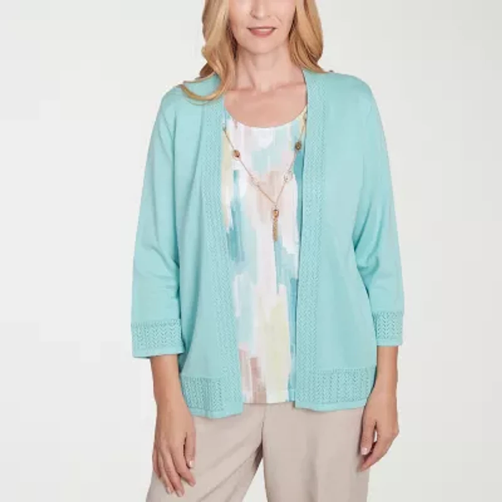 Alfred Dunner Kensington Garden Womens Round Neck 3/4 Sleeve Layered Sweater