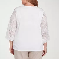 Alfred Dunner Kensington Garden Womens Crew Neck 3/4 Sleeve Plus T-Shirt