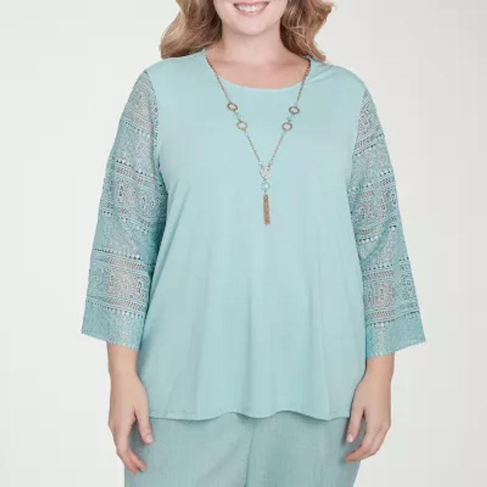 Alfred Dunner Kensington Garden Womens Crew Neck 3/4 Sleeve Plus T-Shirt