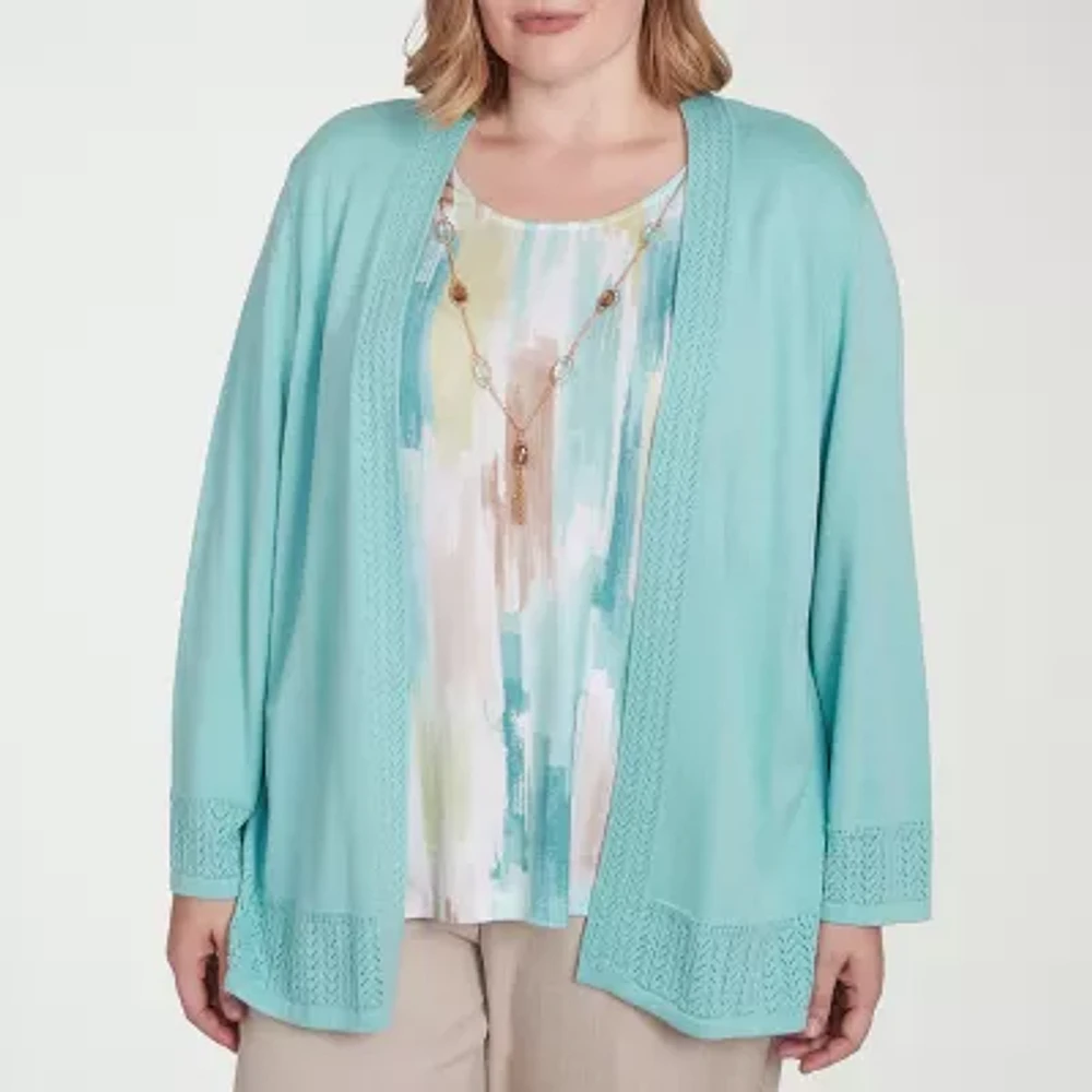 Alfred Dunner Kensington Garden Womens Round Neck 3/4 Sleeve Layered Sweater Plus