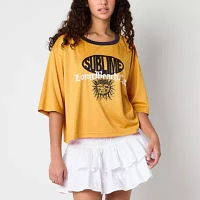 New World Sublime Cropped Mesh Jersey Womens Crew Neck Elbow Sleeve Oversized Juniors Graphic T-Shirt