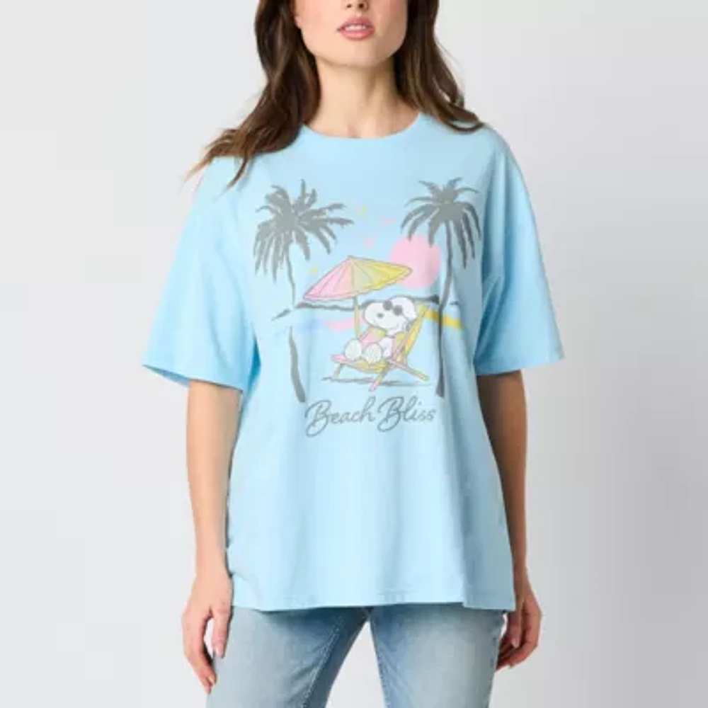 Beach Bliss Oversized Womens Crew Neck Short Sleeve Peanuts Snoopy Juniors Graphic T-Shirt