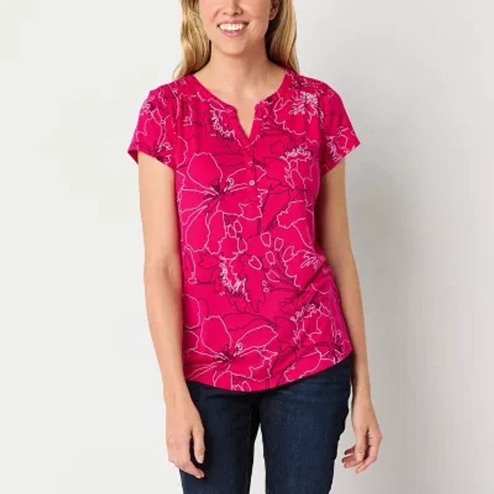 Liz Claiborne Womens Split Crew Neck Short Sleeve Blouse