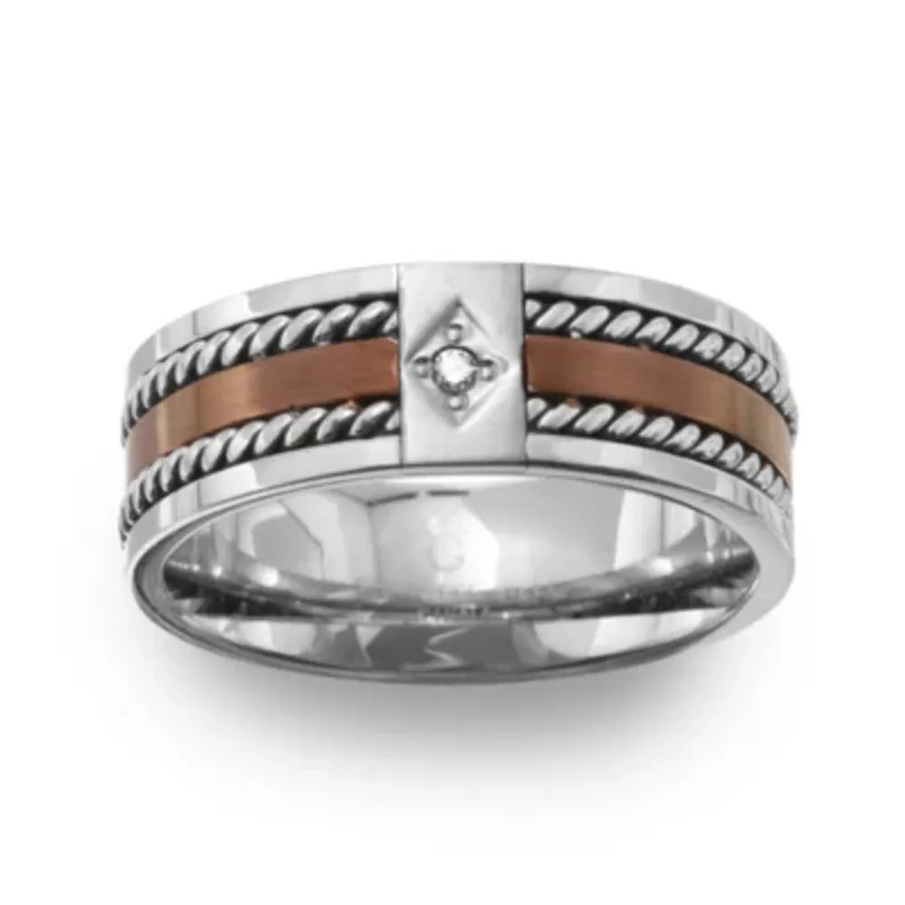 Mens 8MM Diamond Accent Natural White Diamond Stainless Steel Wedding Band