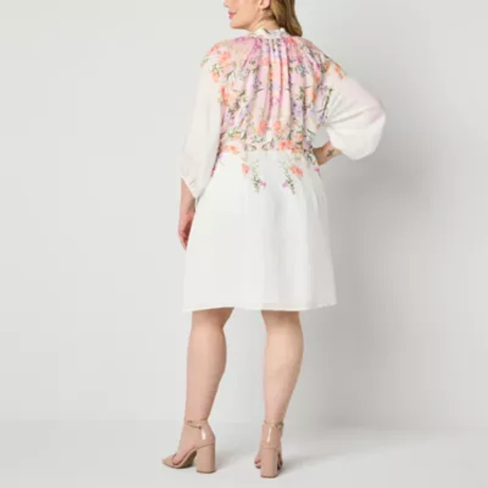 52seven Womens 3/4 Sleeve Floral Midi Plus Fit + Flare Dress