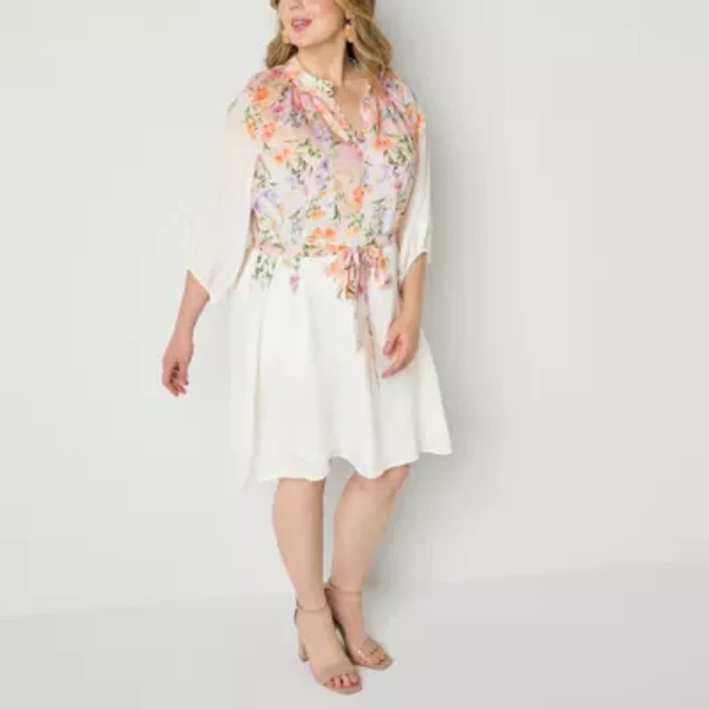 52seven Womens 3/4 Sleeve Floral Midi Plus Fit + Flare Dress