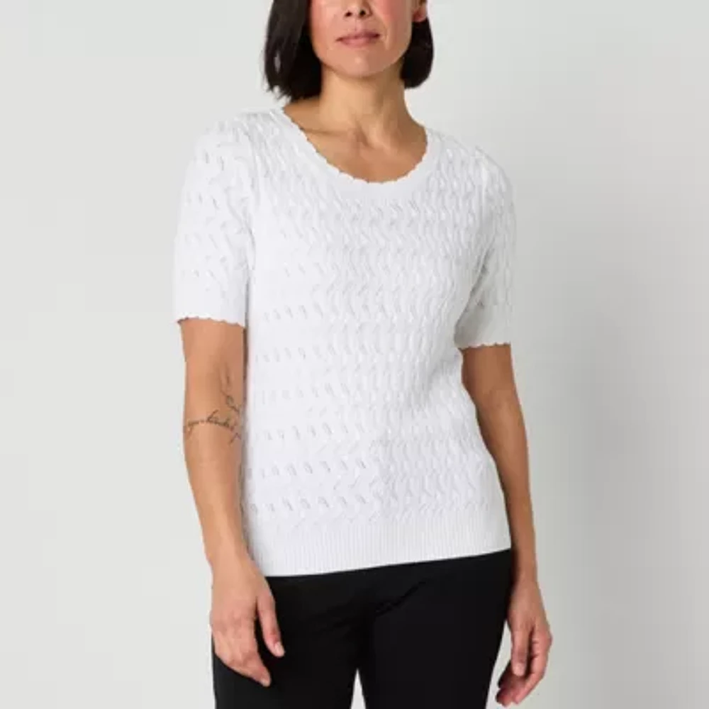 Liz Claiborne Womens Round Neck Short Sleeve Pullover Sweater