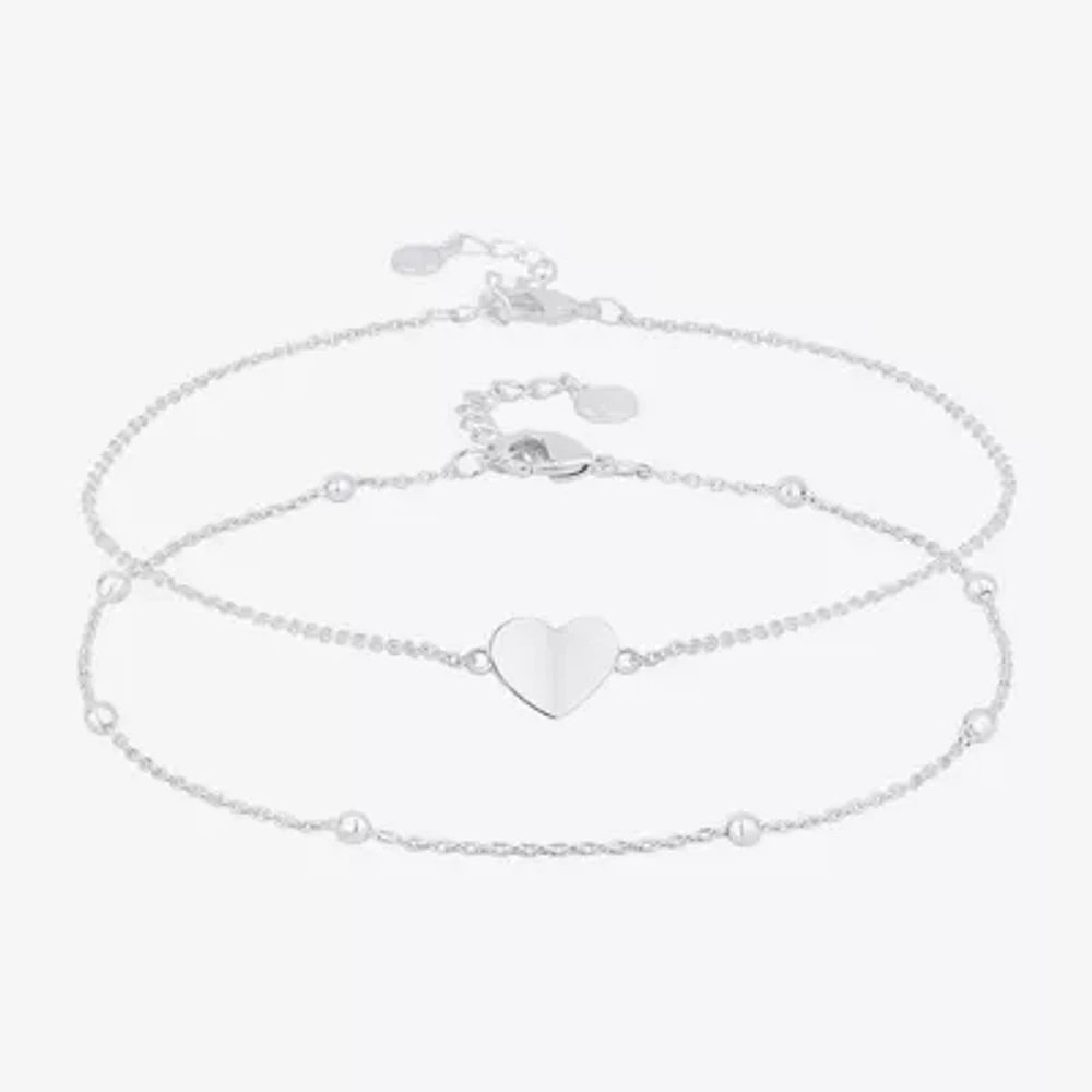 Silver Reflections Womens 10 Inch Solid Bead Heart Ankle Bracelet