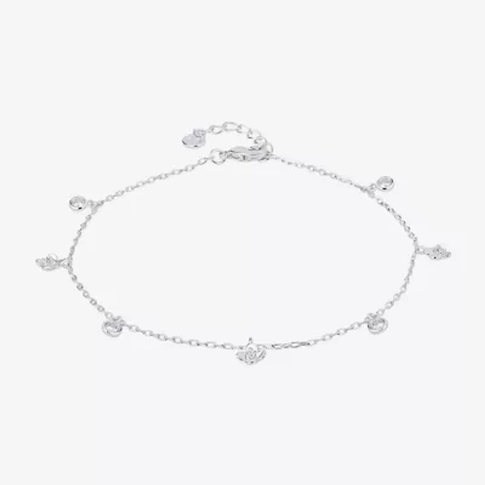 Silver Reflections Womens 10 Inch Solid Link Flower Ankle Bracelet