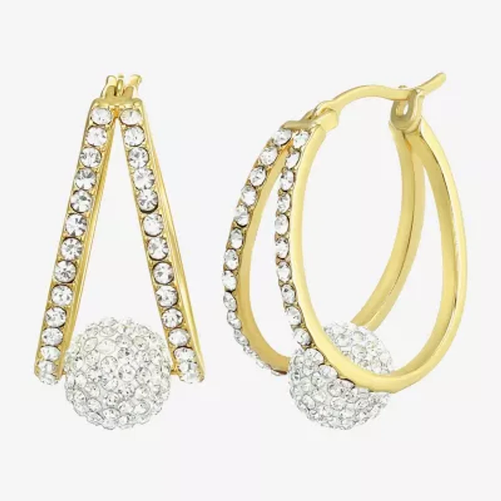 Womens Crystal 24K Gold Over Silver 18.3mm Round Hoop Earrings