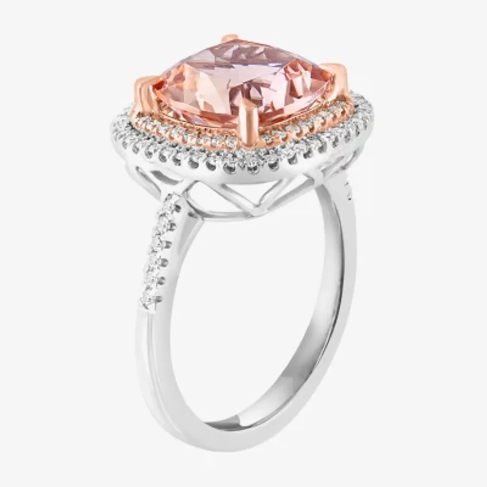 Effy Final Call Womens Genuine Pink Morganite 14K White Gold Cushion Halo Side Stone Cocktail Ring