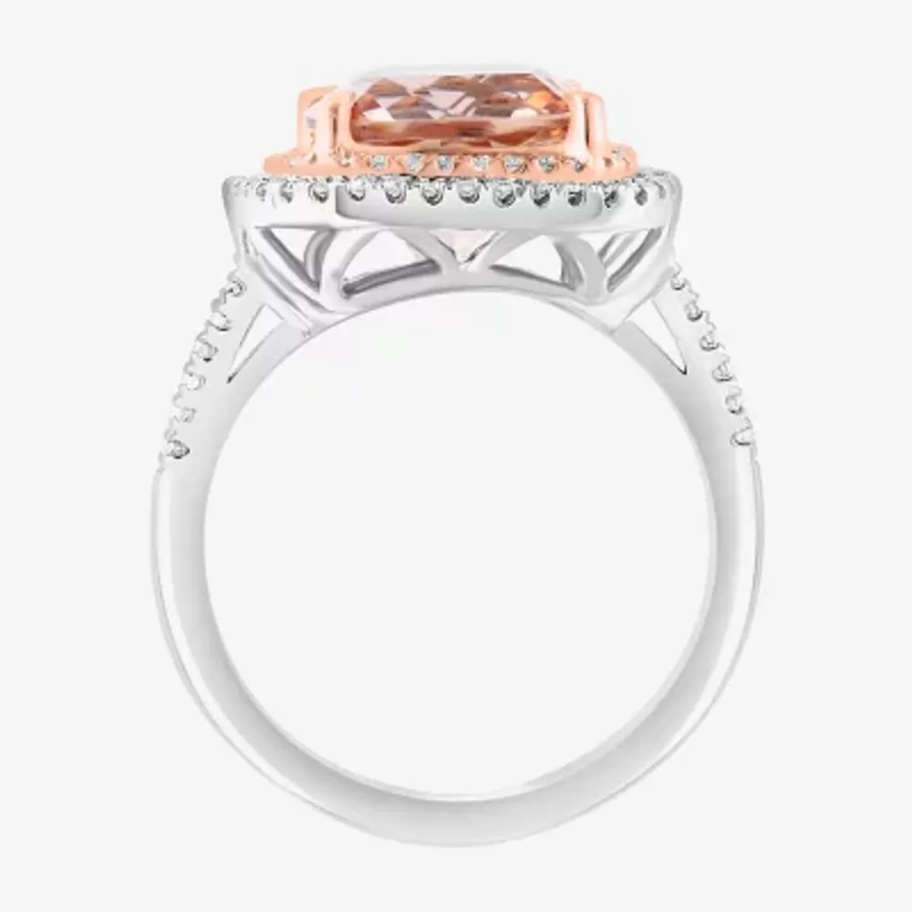 Effy Final Call Womens Genuine Pink Morganite 14K White Gold Cushion Halo Side Stone Cocktail Ring
