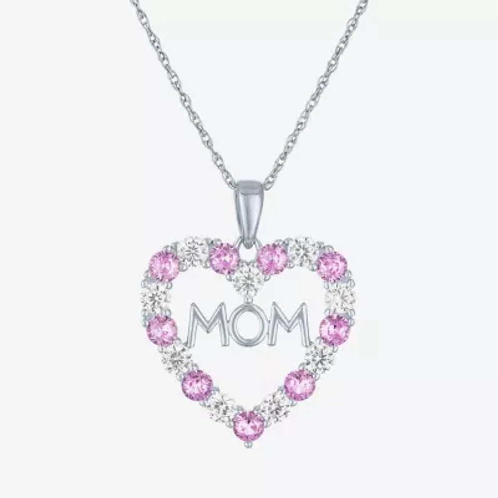 "Mom" Womens Lab Created Pink Sapphire Sterling Silver Heart 16 Inch Pendant Necklace