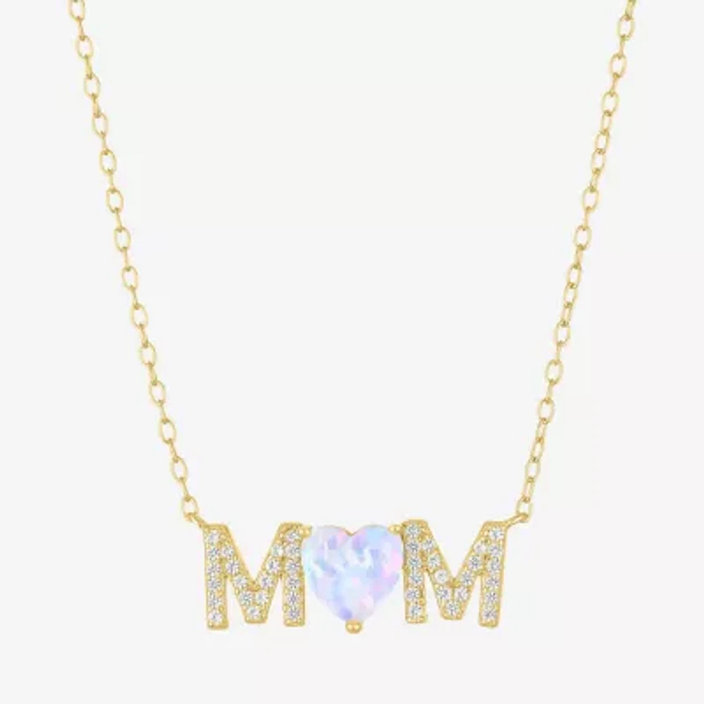 "Mom" Womens Lab Created White Opal 14K Gold Over Silver Sterling Silver Heart Round 16 Inch Pendant Necklace