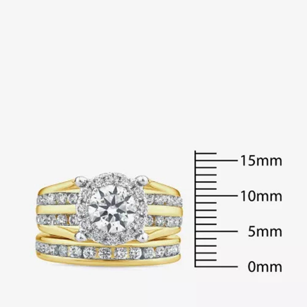 (G / Si1-Si2) Womens 3 CT. T.W. Lab Grown White Diamond 10K Gold Round Side Stone Halo Bridal Set