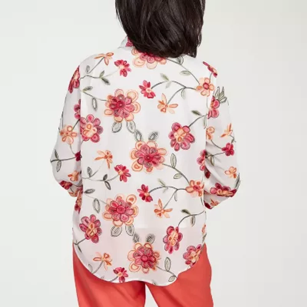 Alfred Dunner Catalina Island Womens 3/4 Sleeve Embroidered Layered Top