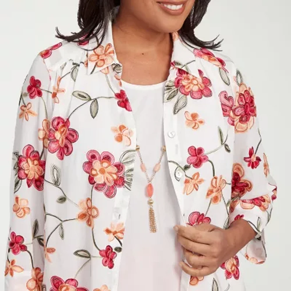 Alfred Dunner Catalina Island Womens 3/4 Sleeve Embroidered Layered Top