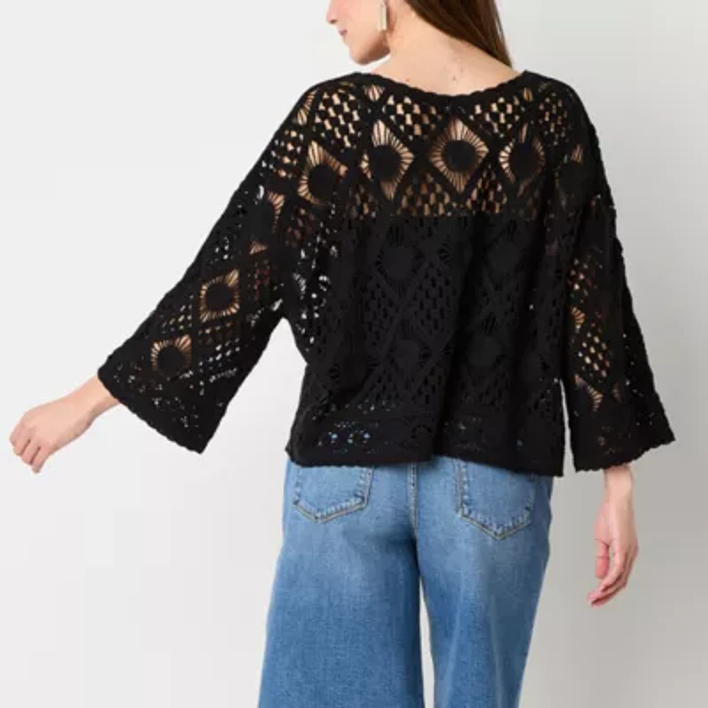 a.n.a Crochet Womens Boat Neck Long Sleeve Pullover Sweater