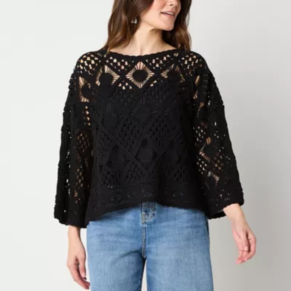 a.n.a Crochet Womens Boat Neck Long Sleeve Pullover Sweater