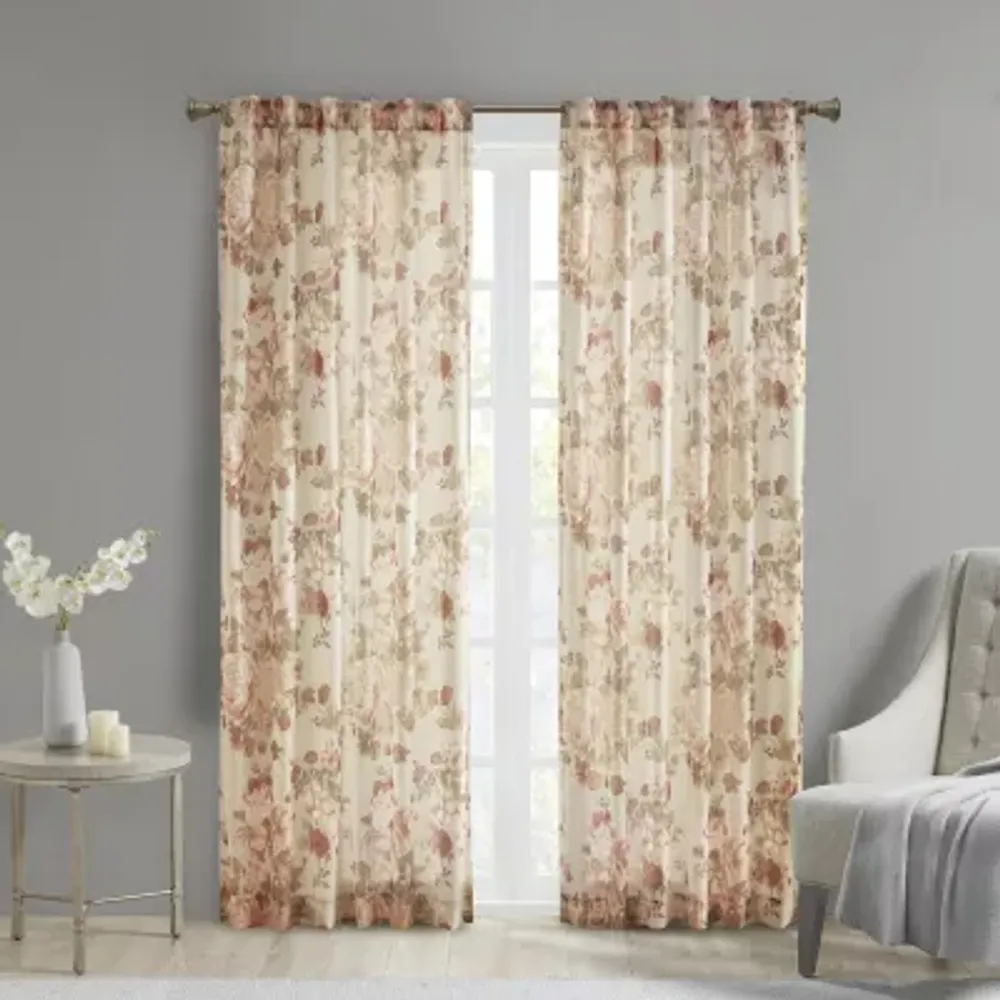 Madison Park Abelia Printed Floral Voile Rod Pocket Back Tab Sheer Single Curtain Panel