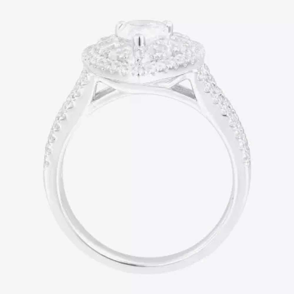Womens 2 CT. T.W. Natural White Diamond 14K White Gold Pear Side Stone Halo Engagement Ring