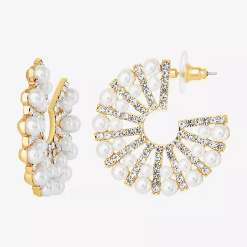 JS Jessica Simpson Gold Tone Womens Glass Simulated Pearl 37.9mm Hoop Earrings