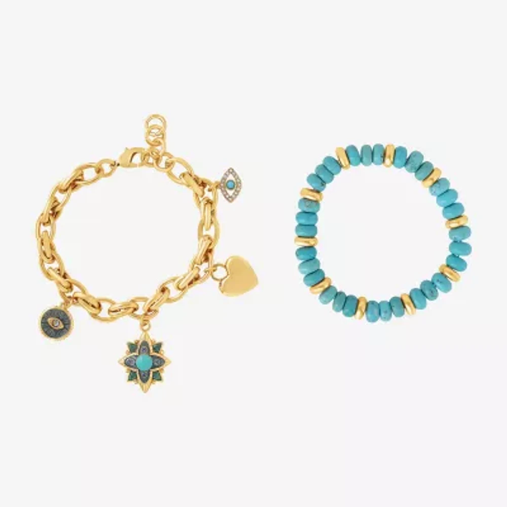 JS Jessica Simpson Gold Tone Womens 2-pc. Turquoise Turquoise Bracelet Set