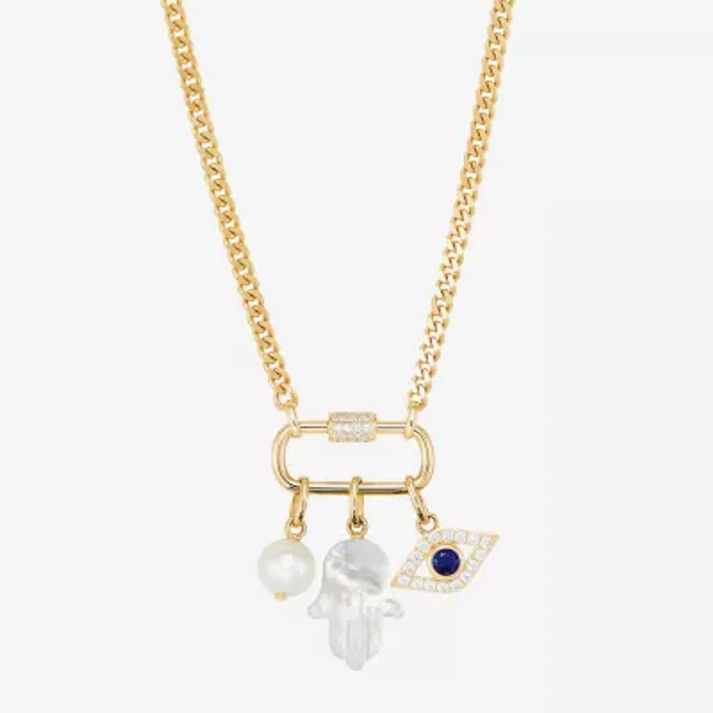 Womens White Cultured Freshwater Pearl 14K Gold Over Silver Evil Eye Hamsa 18 Inch Pendant Necklace