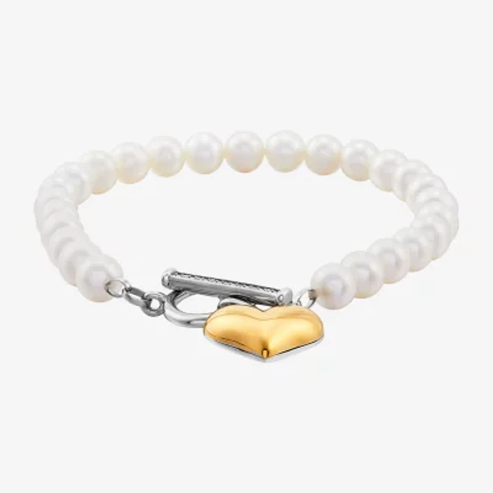 Womens Diamond Accent White Cultured Freshwater Pearl 10K Gold Sterling Silver Heart Strand Bracelet