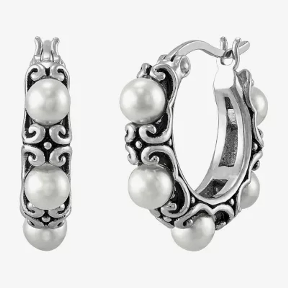 Womens White Cultured Freshwater Pearl Sterling Silver 19.2mm Hoop Earrings