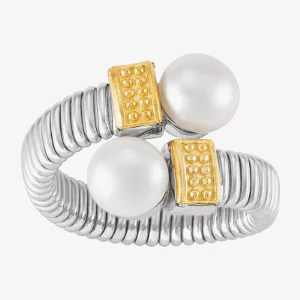 Womens 7.5-8MM White Cultured Freshwater Pearl 14K Gold Sterling Silver Bypass Cocktail Ring
