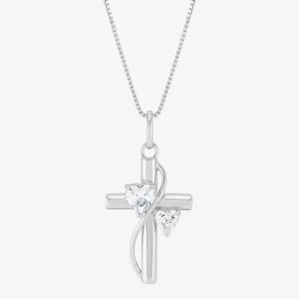 Womens White Cubic Zirconia Sterling Silver Cross Heart 18 Inch Pendant Necklace