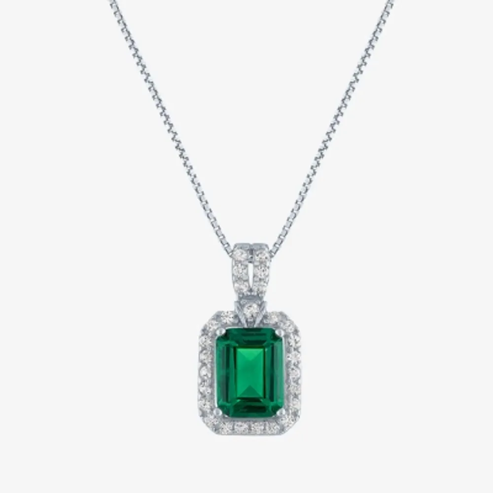 Womens Lab Created Green Emerald Sterling Silver 18 Inch Pendant Necklace