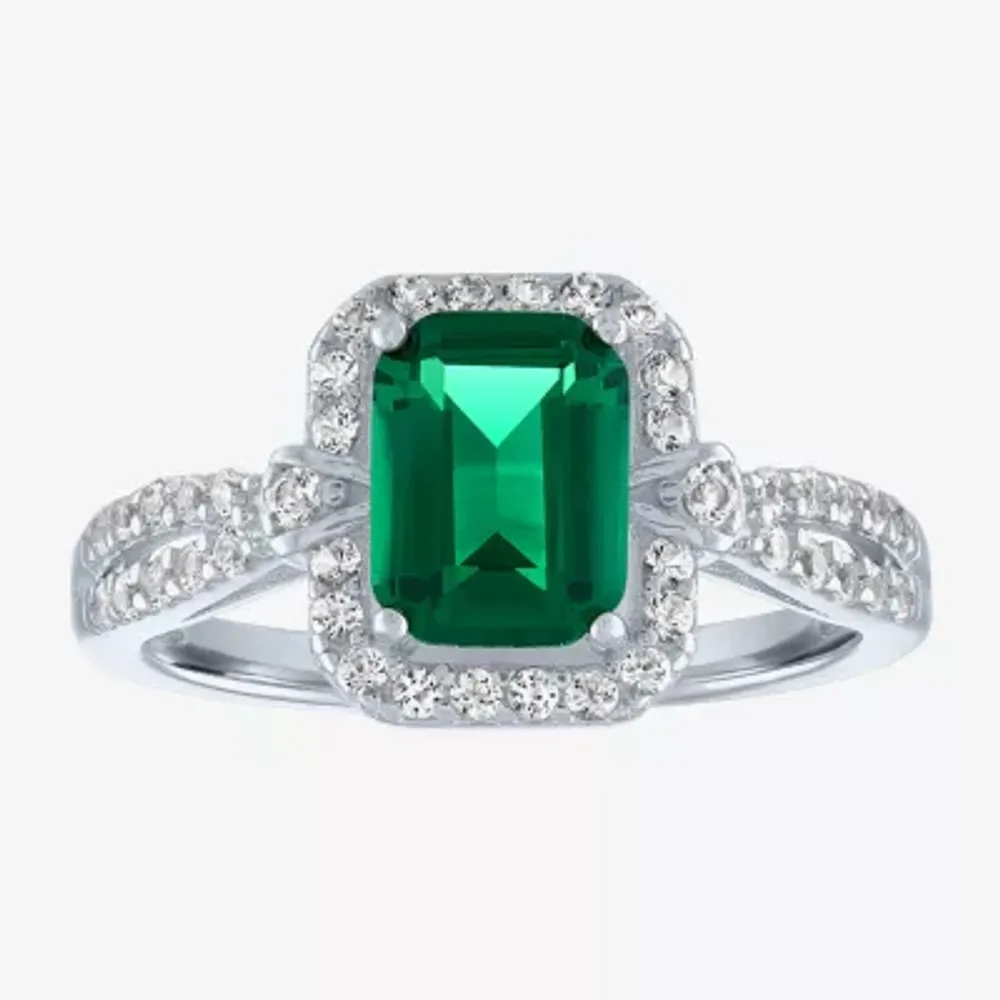 Womens Lab Created Green Emerald Sterling Silver Cocktail Ring