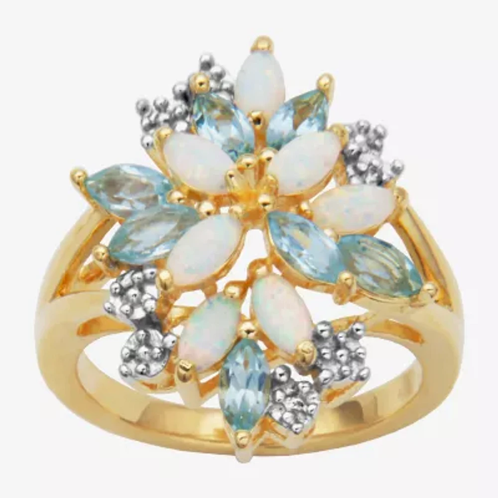 Womens Genuine White Opal 18K Gold Over Silver Flower Cluster Cocktail Ring