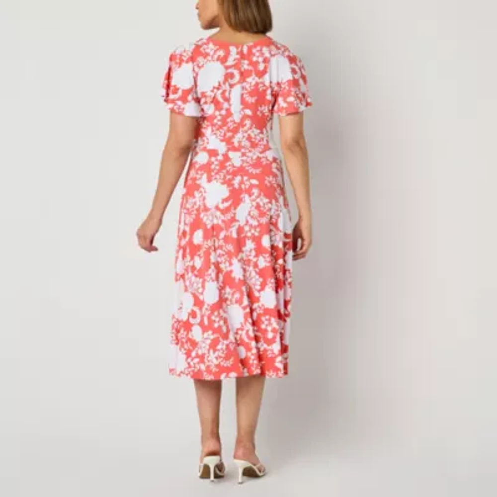 Perceptions Womens Short Sleeve Floral Midi Fit + Flare Dress