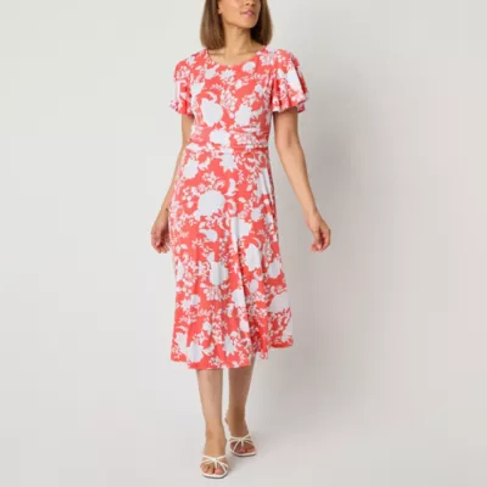 Perceptions Womens Short Sleeve Floral Midi Fit + Flare Dress