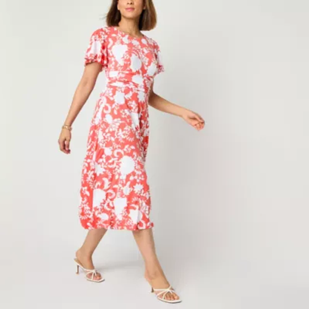Perceptions Womens Short Sleeve Floral Midi Fit + Flare Dress