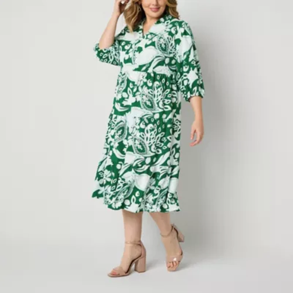 52seven Womens 3/4 Sleeve Floral Midi Plus Fit + Flare Dress
