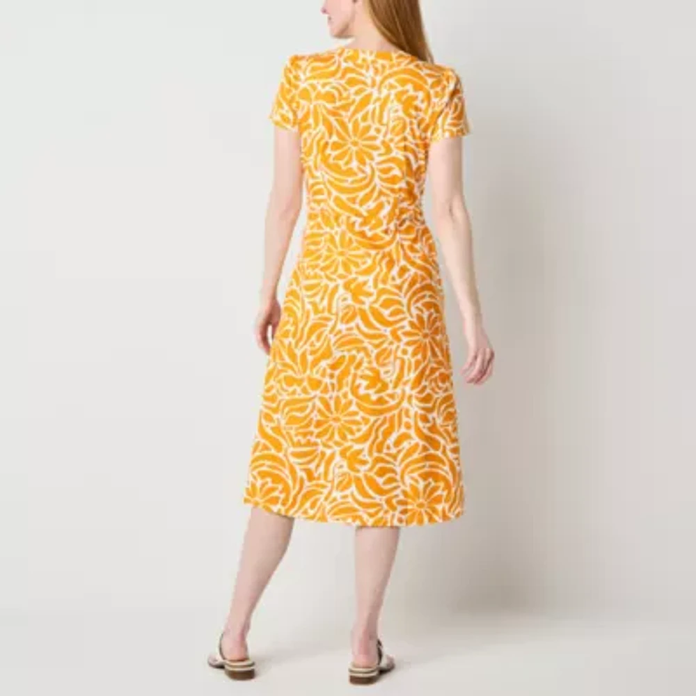 Liz Claiborne Womens Short Sleeve Midi Floral A-Line Dress